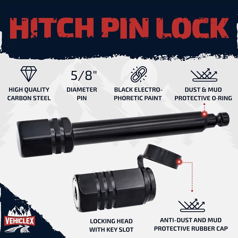 Vehiclex Hitch Pin Lock for Trailer Receivers (2.5" to 3") - 5/8" Locking Pin for Class III, IV - with Innovative Tubular Key, Resilient Against Dust, Mud, and Thieves - Image 2